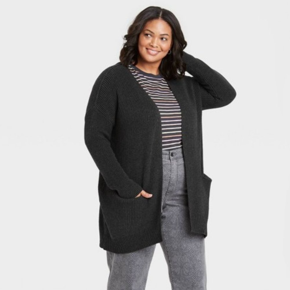Gray Oversized Knit Cardigan Sweater XXL, Pockets, Charcoal Grey